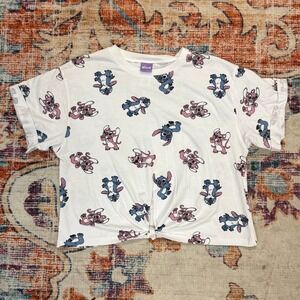 Disney Stitch Angel All Over Print Cropped Tie Front T-Shirt White XG XL